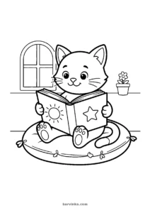 Котик сидить на подушці й розглядає книжку з малюнками, розмальовка для дітей